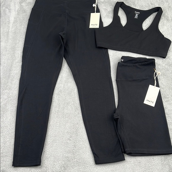 NEW Mate the Label L Black‎ 3 PC, Leggings w/Pockets, Shorts, Bra Activewear Set - Picture 1 of 16
